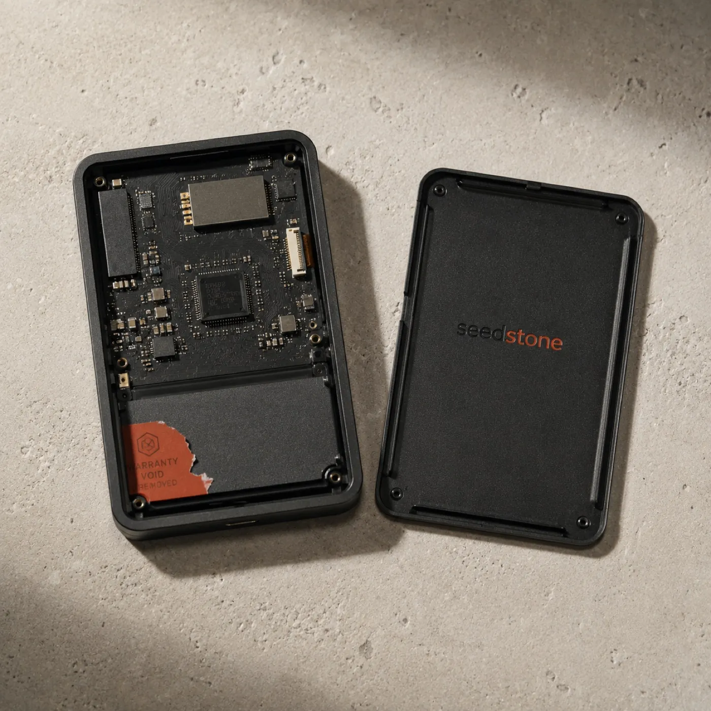 Open Seedstone showing the board and tamper seal