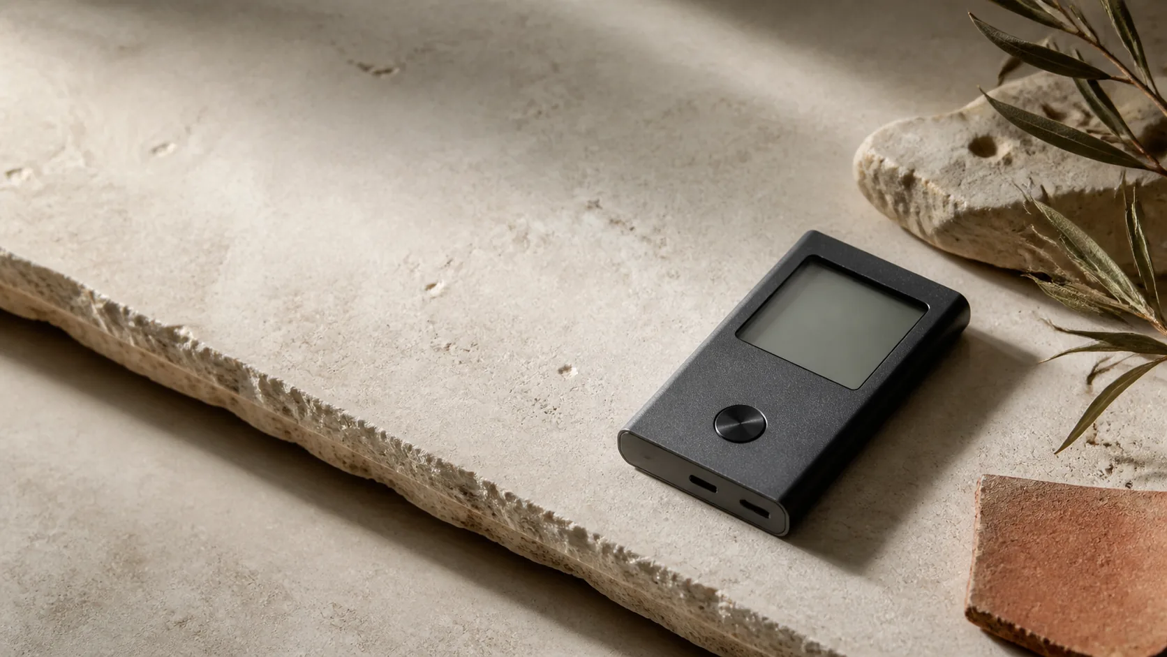Seedstone device resting on cream stone