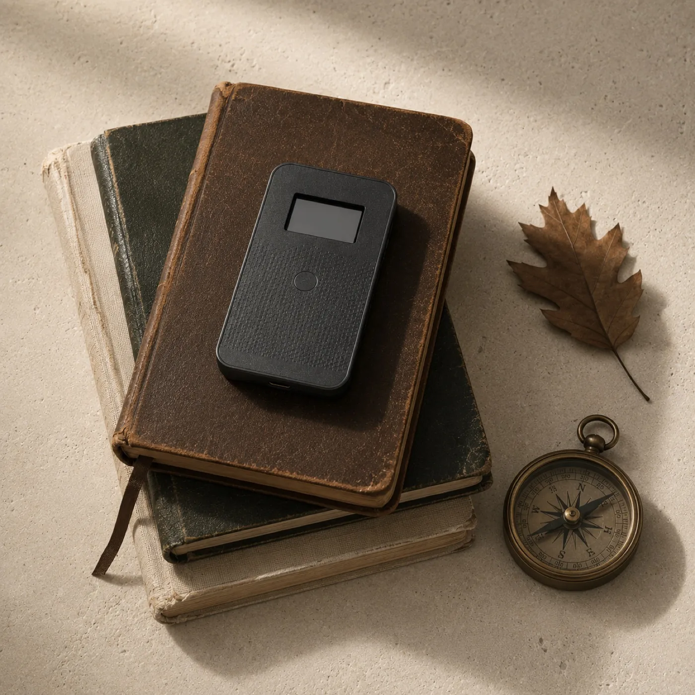 Seedstone on a stack of worn books beside a compass