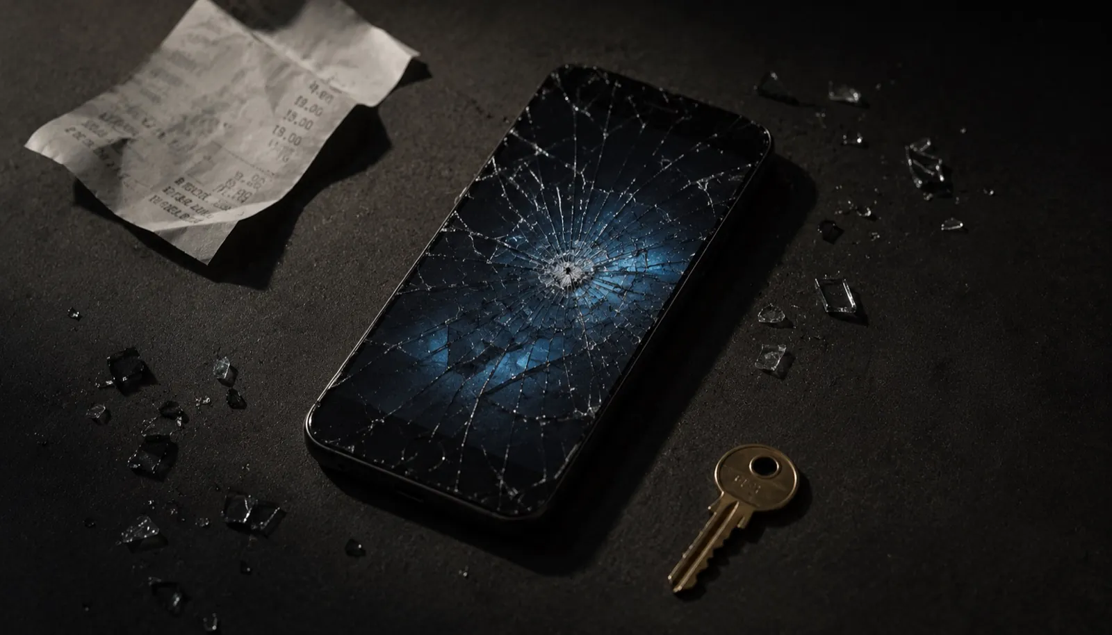 Cracked phone on a wet surface beside a metal key